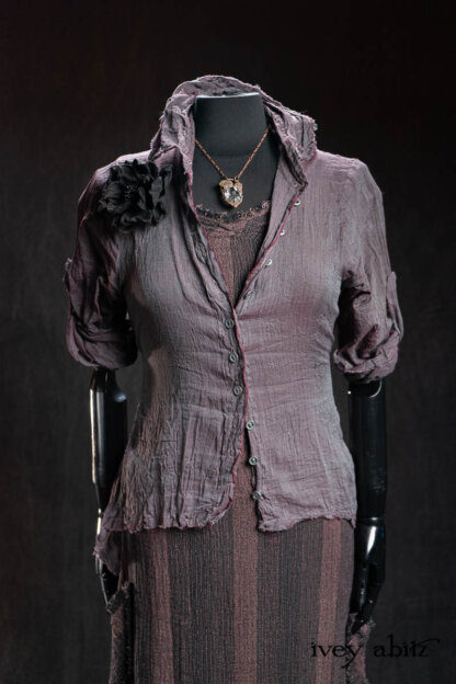 Sollie Shirt in Amethyst and Pewter Washed Voile; Ardsleydale Frock in Amethyst Rustic Stripe Weave; Nouvelle Necklace; Bonheur Brooch in Black Sculpted Felt. - Bespoke clothing by Ivey Abitz.