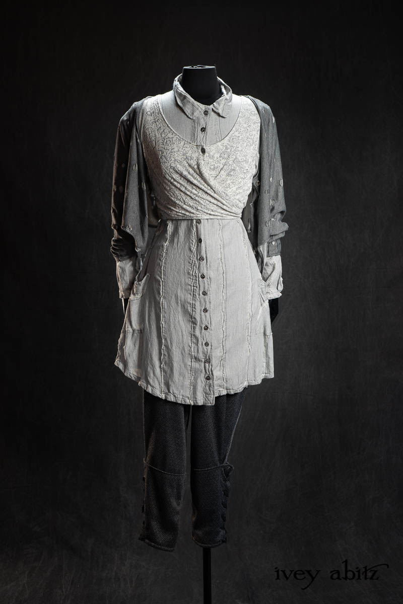 Crownpoint Cardigan in Pewter Best Friend Knit; Crownpoint Vest in Pewter and Pearl Heirloom Knit; Chevallier Shirt in Pewter Open Weave Stripe; Chevallier Trousers in Pewter Woven Diamond Knit. - Bespoke clothing by Ivey Abitz.