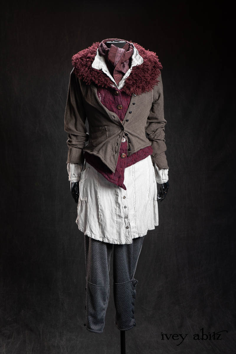 Limited Edition Gilbert Cardigan in Earth and Iron Petite Stripe Knit; Coulson Vest in Amethyst Boiled Wool Knit; Chevallier Shirt in Pewter Open Weave Stripe; Heirloom Sash in Amethyst Embroidered Puckered Organza; Chevallier Trousers in Pewter Woven Diamond Knit. - Bespoke clothing by Ivey Abitz.