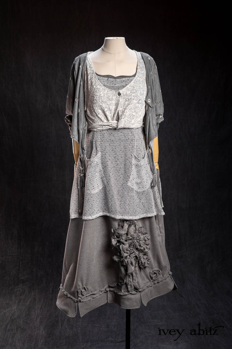 Crownpoint Cardigan in Pewter Best Friend Knit; Crownpoint Vest in Pewter and Pearl Heirloom Knit; Valier Frock in Pewter Wispy Nubby Weave; Chevallier Frock in Pewter Cashmere Cotton Twill. - Bespoke clothing by Ivey Abitz.