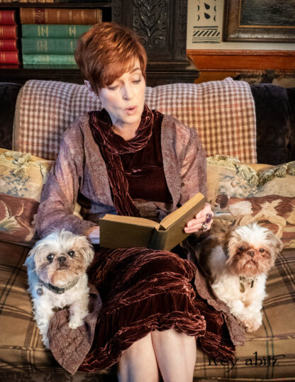 Bertie Dress in Amethyst Floral Netting; Bertie Frock in Amethyst Silk Velvet; Tollie Sash in Amethyst Silk Velvet. - Bespoke clothing by Ivey Abitz. Featuring Carolyn Hennesy with rescue dogs and cats.