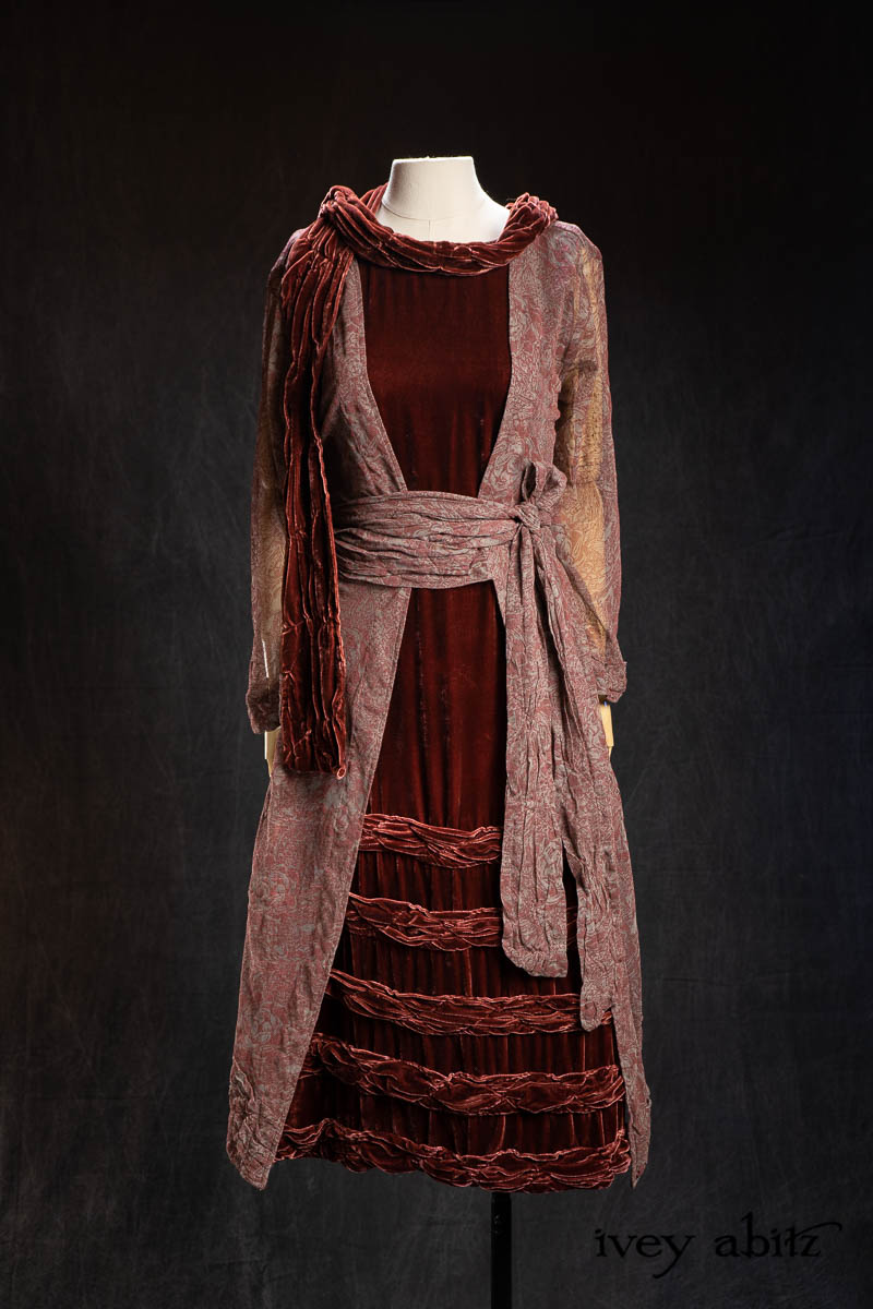 Bertie Dress in Amethyst Floral Netting; Bertie Frock in Amethyst Silk Velvet; Tollie Sash in Amethyst Silk Velvet. - Bespoke clothing by Ivey Abitz.