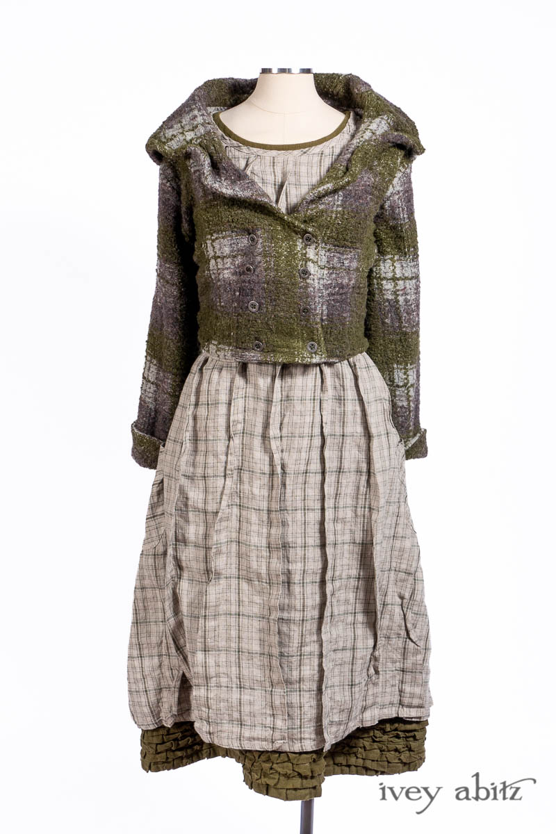Eleanora Jacket in Central Park Stretch Plaid Knit; Eleanora Frock in Central Park and Uptown Plaid Linen; Eleanora Sash in Central Park and Uptown Plaid Linen; Cape Frock in Central Park Washed Linen. - Ivey Abitz Bespoke Clothing