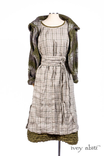 Eleanora Jacket in Central Park Stretch Plaid Knit; Eleanora Frock in Central Park and Uptown Plaid Linen; Eleanora Sash in Central Park and Uptown Plaid Linen; Cape Frock in Central Park Washed Linen. - Ivey Abitz Bespoke Clothing