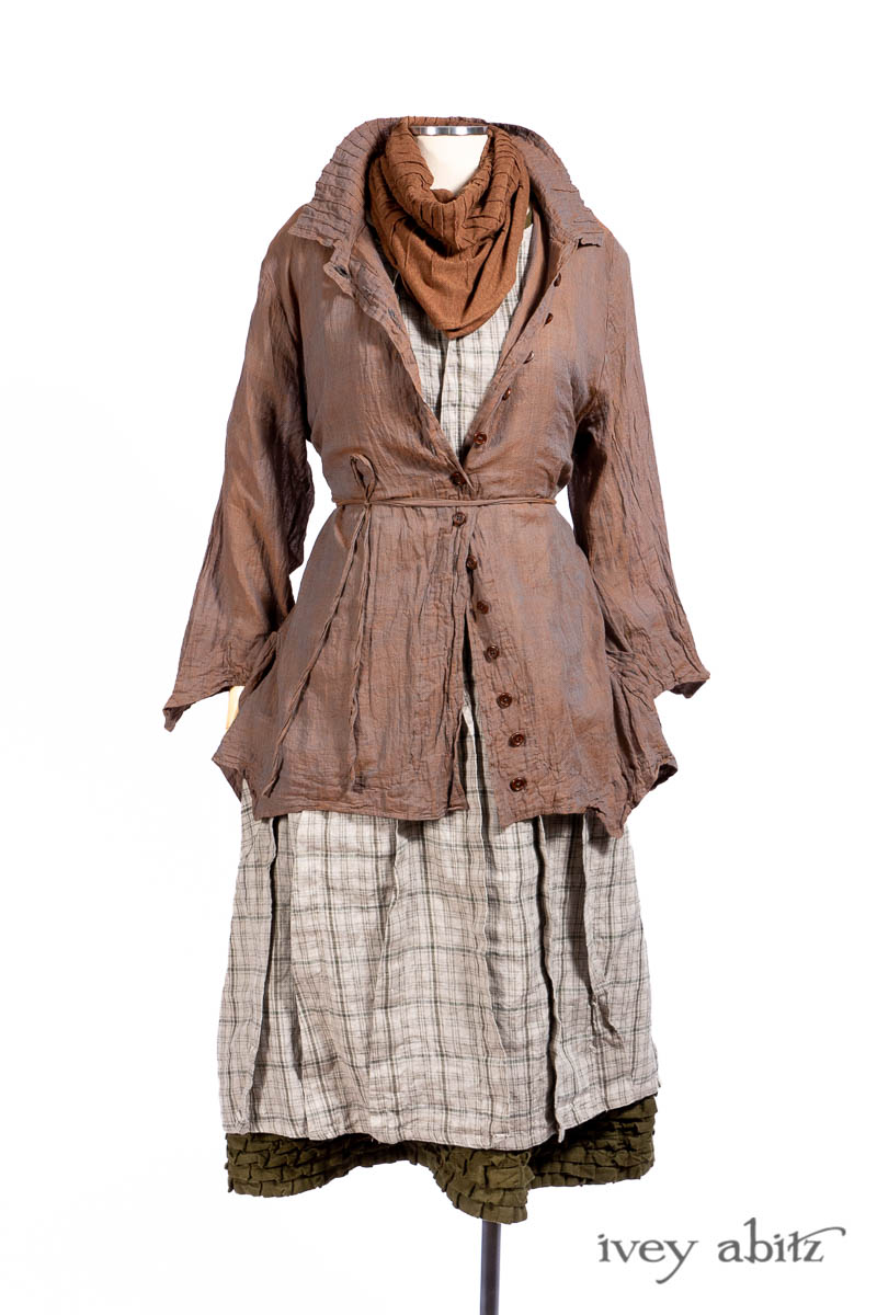 Ellis Shirt in Rooftop Sunset Washed Voile, Lydia Neck Wrap in Signature Beacon Melange Knit; Eleanora Frock in Central Park and Uptown Plaid Linen; Cape Frock in Central Park Washed Linen. - Ivey Abitz Bespoke Clothing