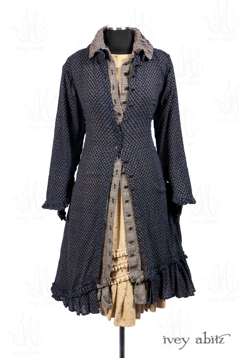 Wilhemena Duster Coat in Sandstone and River Petite Fleur Voile; Wilhemena Frock in Sandstone and River Plaid Linen; Windrush Frock in Sandstone Embroidered Dot Linen. - Ivey Abitz Bespoke Clothing