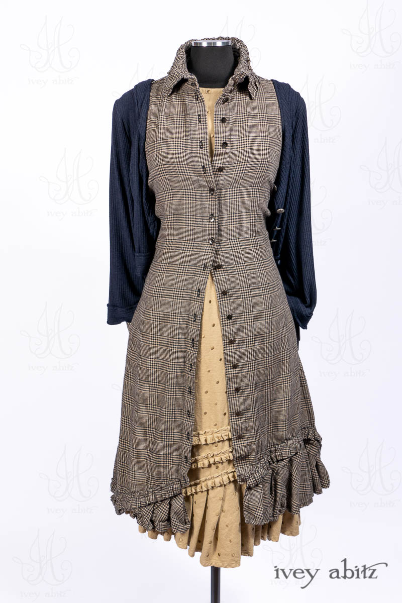 Hudson Jacket in Hudson River Ribbed Knit; Wilhemena Frock in Sandstone and River Plaid Linen; Windrush Frock in Sandstone Embroidered Dot Linen. - Ivey Abitz Bespoke Clothing