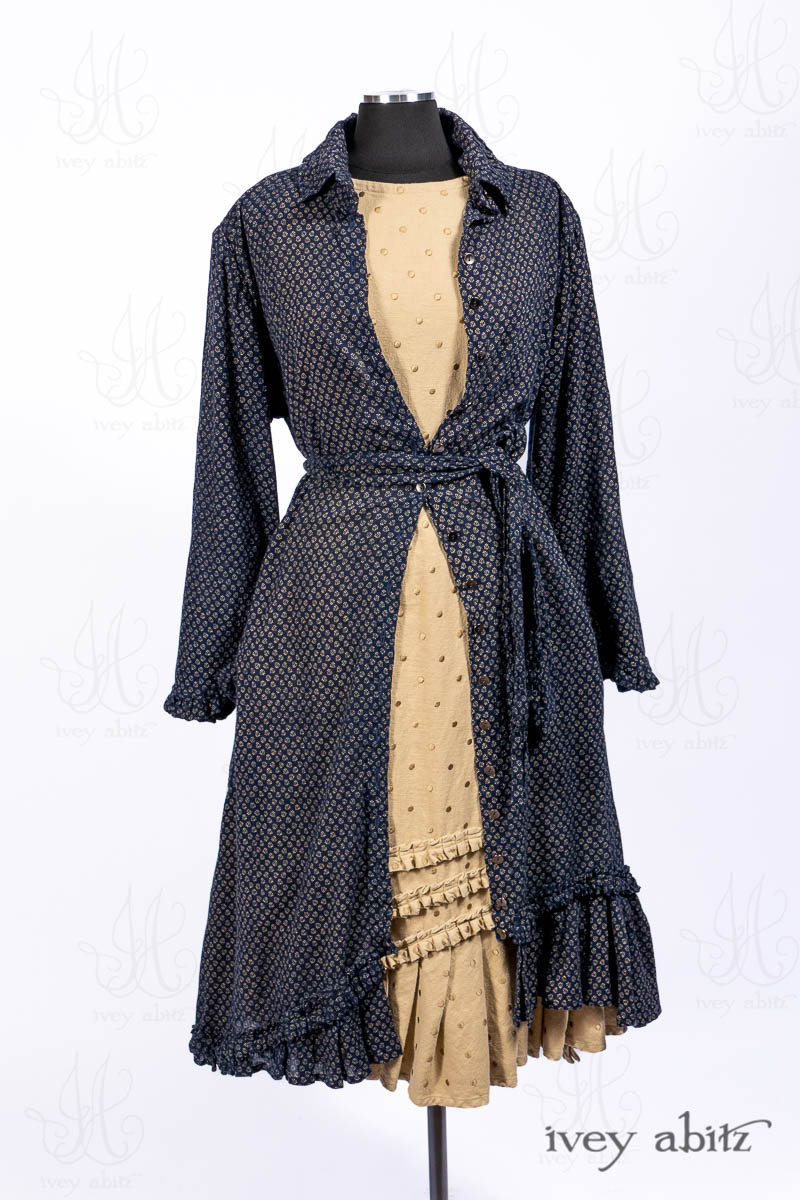 Wilhemena Duster Coat in Sandstone and River Petite Fleur Voile; Windrush Frock in Sandstone Embroidered Dot Linen. - Ivey Abitz Bespoke Clothing