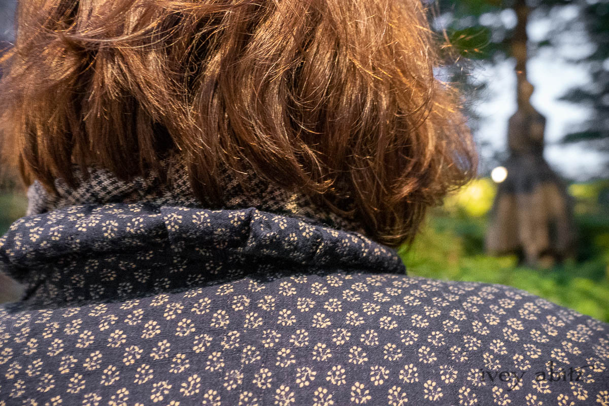 Wilhemena Duster Coat in Sandstone and River Petite Fleur Voile; Wilhemena Frock in Sandstone and River Plaid Linen; Windrush Frock in Sandstone Embroidered Dot Linen. - Ivey Abitz Bespoke Clothing