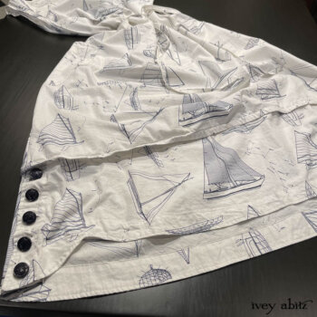 Bottom hem of our dear Harrison in our buoyantly beautiful boat print.