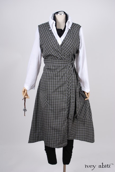 Look 14 - Spring 2018 Ivey Abitz Bespoke - Chomley Frock in Gable Green Plaid Cotton; Camille Shirt in Clapboard White Wainscot Weave; Sophia Necktie in Chimney Embroidered Striped Organza; Pierrepont Breeches Leggings in Chimney Ponte Knit.