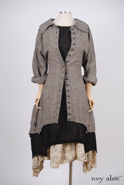 Look 33 - Spring 2018 Ivey Abitz Bespoke - Limited Edition Chittister Duster Coat in Chimney Houndstooth Washed Linen with Glen Plaid Washed Linen; Chittister Frock Chimney Embroidered Striped Organza; Fairholme Frock in Hamlet Washed Silk, High Water Length.