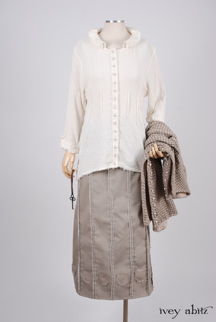Glenclyffe Shirt in Linen Crinkled Gauze; Glenclyffe Skirt in Stone Cottage Raised Striped Weave; Glenclyffe Jacket in Stone Cottage Petite Checked Knit.