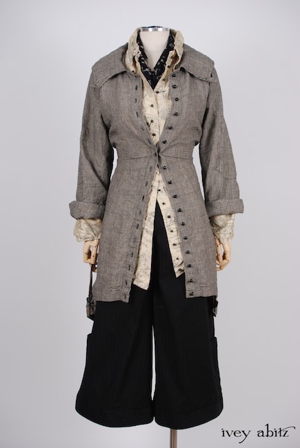 Limited Edition Chittister Duster Coat in Chimney Houndstooth Washed Linen and Glen Plaid Washed Linen; Highlands Shirt in Hamlet Washed Silk; Clotaire Sash in Chimney and Lawn Floral Silk Chiffon; Montague Trousers in Chimney Striped Cotton Twill. Spring 2018 Look 43 - Ivey Abitz Bespoke Clothing