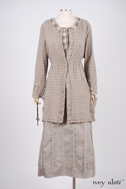 Glenclyffe Jacket in Stone Cottage Petite Checked Knit; Bonheur Vest in Stone Cottage Grand Checked Knit; Glenclyffe Skirt in Stone Cottage Raised Striped Weave. Look 45 - Spring 2018 Ivey Abitz Bespoke