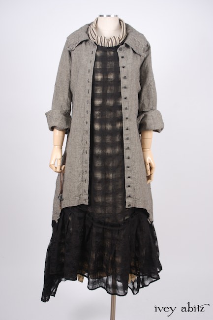 Look 6 - Spring 2018 Ivey Abitz Bespoke - Limited Edition Chittister Duster Coat in Chimney Washed Houndstooth Linen Mixed with Glen Plaid Washed Linen; Clotaire Sash in Chimney Crinkled Striped Weave; Fairholme Frock in Chimney Open Weave Plaid Linen; Fairholme Frock in Hamlet Washed Silk.