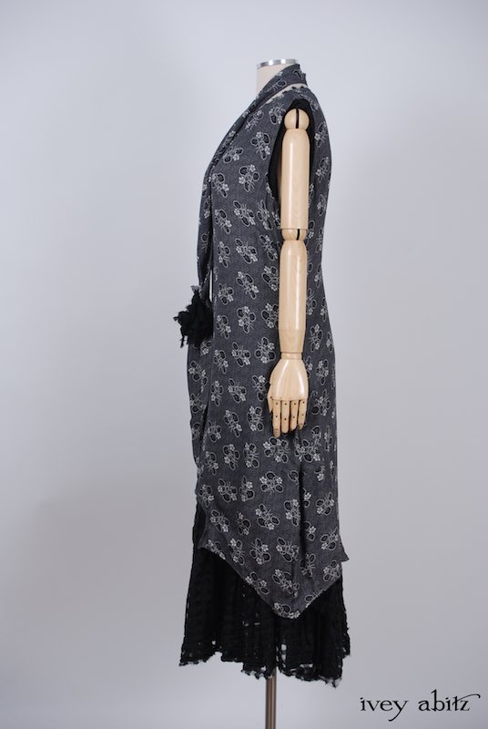 Midsummer Look 14 - Limited Edition Blanchefleur Frock in Black Checked Challis; Chittister Frock in Black Edwardian Floral Silk; Bartholdi Brooch in Black Wispy Silk Voile; Blanchefleur Sash in Black Edwardian Floral Silk by Ivey Abitz