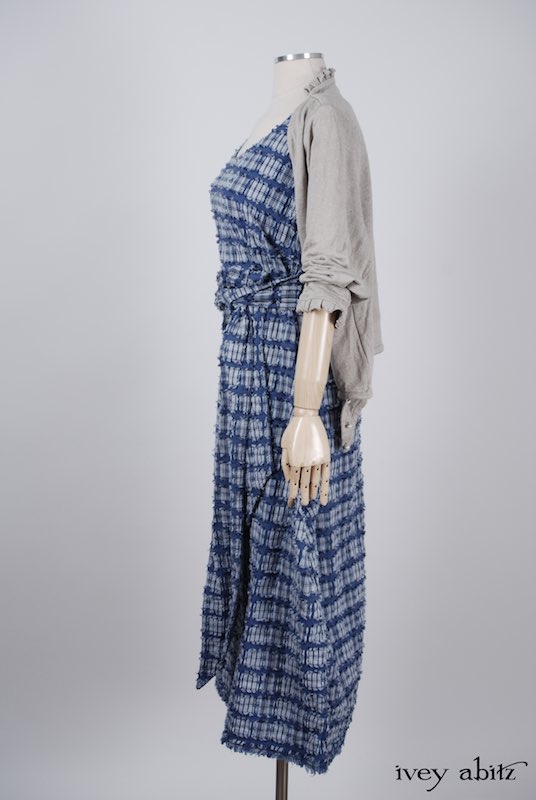 Midsummer Look 19 - Limited Edition Covante Frock in Lake Tufted Plaid Voile; Canterbury Cardigan in Signature Natural Linen Knit; Fairholme Sash in Lake Tufted Plaid Voile by Ivey Abitz
