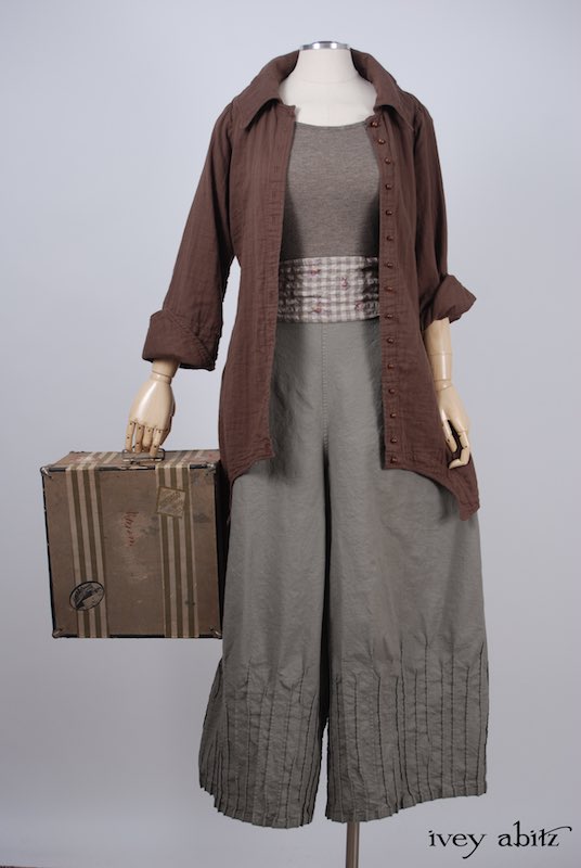 Midsummer Look 22 - Lydia Trousers in Shoreline Stretchy Cotton; Chittister Shirt Jacket in Blushed Double Layered Voile; Fairholme Sash in Earthen Gingham Sprig Cotton Gauze; Cilla Camisole in Flaxseed Featherlight Knit by Ivey Abitz
