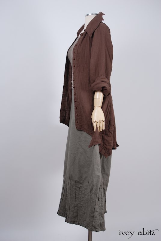 Midsummer Look 22 - Lydia Trousers in Shoreline Stretchy Cotton; Chittister Shirt Jacket in Blushed Double Layered Voile; Fairholme Sash in Earthen Gingham Sprig Cotton Gauze; Cilla Camisole in Flaxseed Featherlight Knit by Ivey Abitz