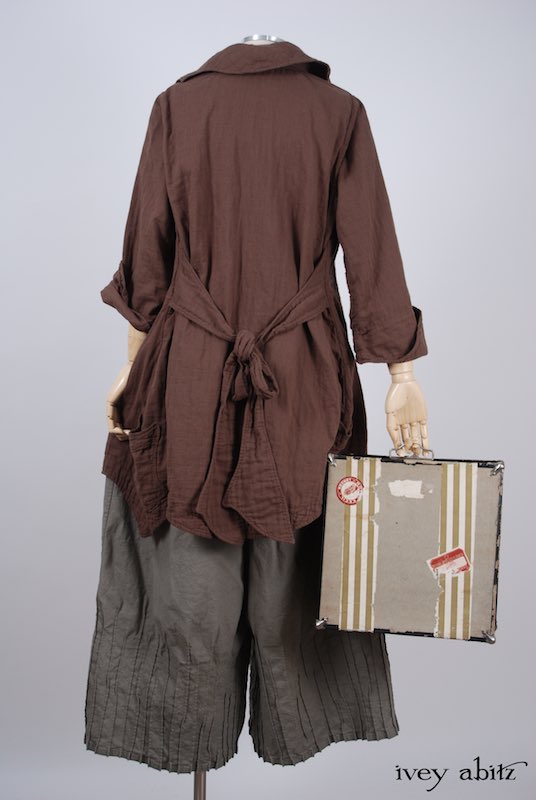 Midsummer Look 22 - Lydia Trousers in Shoreline Stretchy Cotton; Chittister Shirt Jacket in Blushed Double Layered Voile; Fairholme Sash in Earthen Gingham Sprig Cotton Gauze; Cilla Camisole in Flaxseed Featherlight Knit by Ivey Abitz