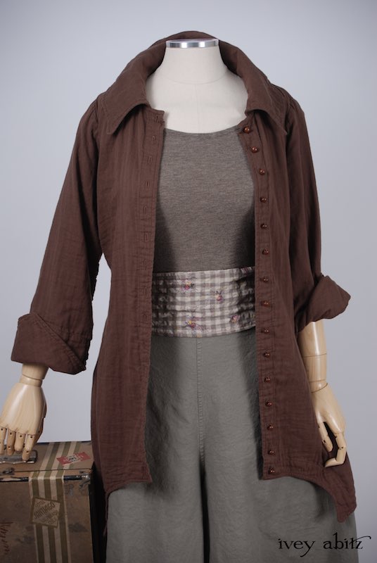 Midsummer Look 22 - Lydia Trousers in Shoreline Stretchy Cotton; Chittister Shirt Jacket in Blushed Double Layered Voile; Fairholme Sash in Earthen Gingham Sprig Cotton Gauze; Cilla Camisole in Flaxseed Featherlight Knit by Ivey Abitz