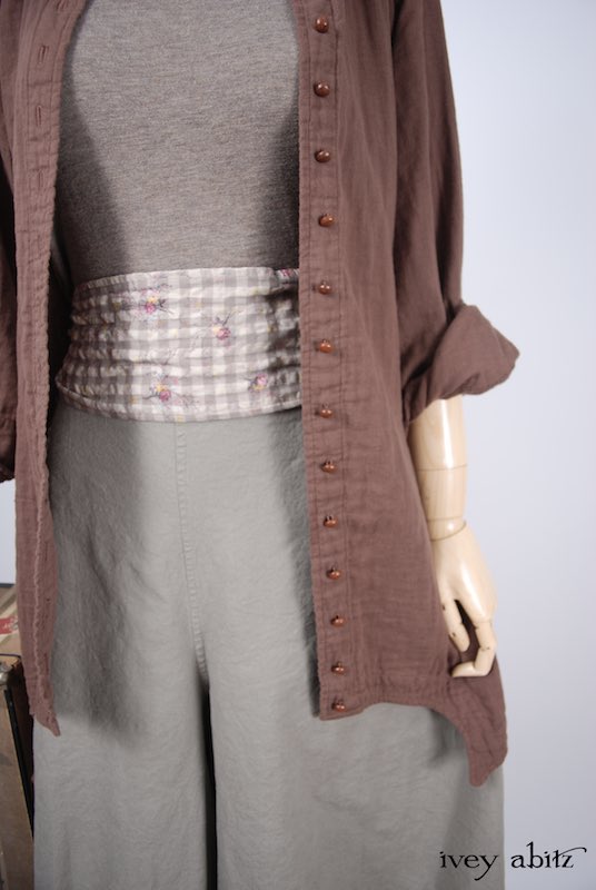 Midsummer Look 22 - Lydia Trousers in Shoreline Stretchy Cotton; Chittister Shirt Jacket in Blushed Double Layered Voile; Fairholme Sash in Earthen Gingham Sprig Cotton Gauze; Cilla Camisole in Flaxseed Featherlight Knit by Ivey Abitz