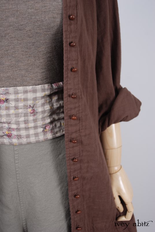 Midsummer Look 22 - Lydia Trousers in Shoreline Stretchy Cotton; Chittister Shirt Jacket in Blushed Double Layered Voile; Fairholme Sash in Earthen Gingham Sprig Cotton Gauze; Cilla Camisole in Flaxseed Featherlight Knit by Ivey Abitz