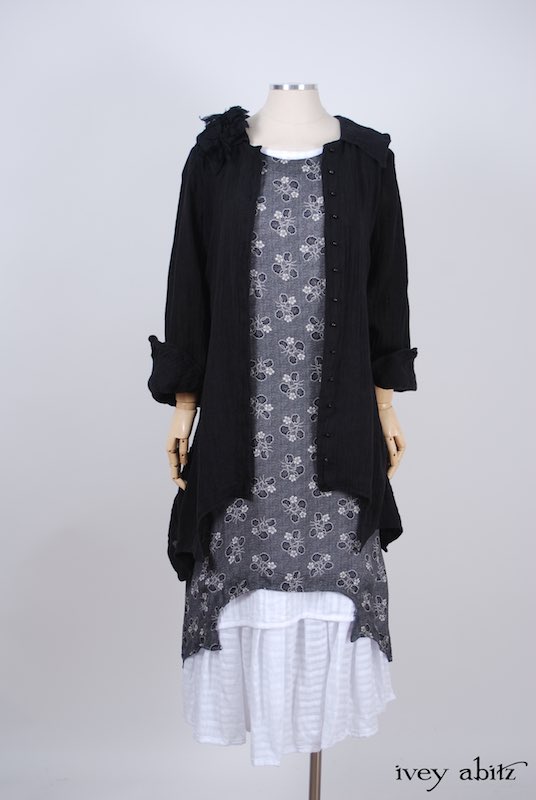 Midsummer Look 26 - Blanchefleur Frock in White Embroidered Striped Voile; Chittister Shirt Jacket in Black Washed Gauzy Linen; Bartholdi Brooch in Black Wispy Silk Voile; Chittister Frock in Black Edwardian Floral Silk by Ivey Abitz