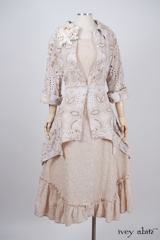 Midsummer Look 27 - Tilbrook Frock in Peach Tea Floral Voile; Limited Edition Chrysanthemum Brooch; Chittister Shirt Jacket in Tea Stained Embroidered Eyelet Voile by Ivey Abitz