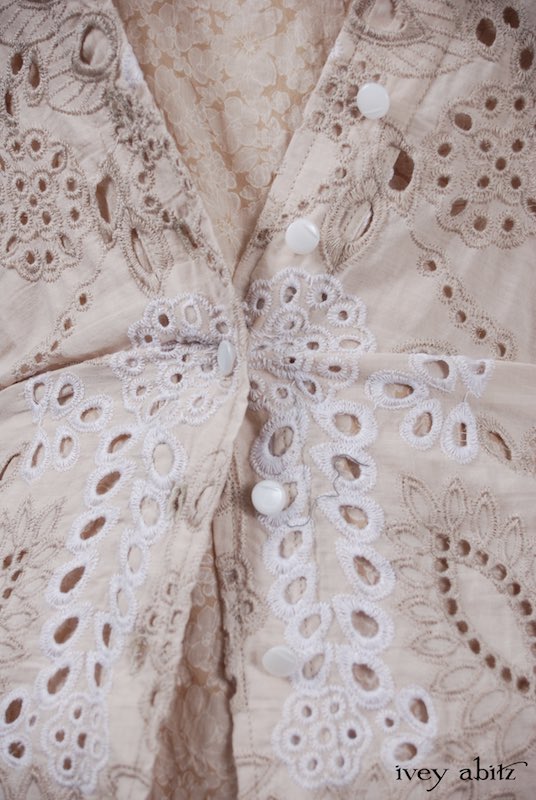 Midsummer Look 27 - Tilbrook Frock in Peach Tea Floral Voile; Limited Edition Chrysanthemum Brooch; Chittister Shirt Jacket in Tea Stained Embroidered Eyelet Voile by Ivey Abitz