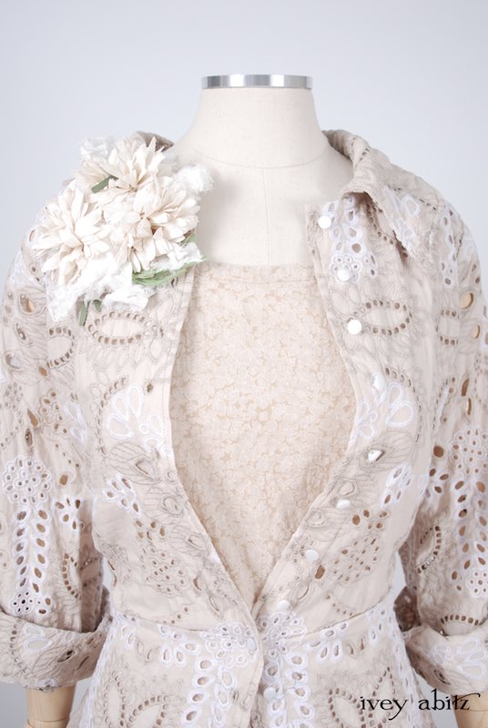 Midsummer Look 27 - Tilbrook Frock in Peach Tea Floral Voile; Limited Edition Chrysanthemum Brooch; Chittister Shirt Jacket in Tea Stained Embroidered Eyelet Voile by Ivey Abitz