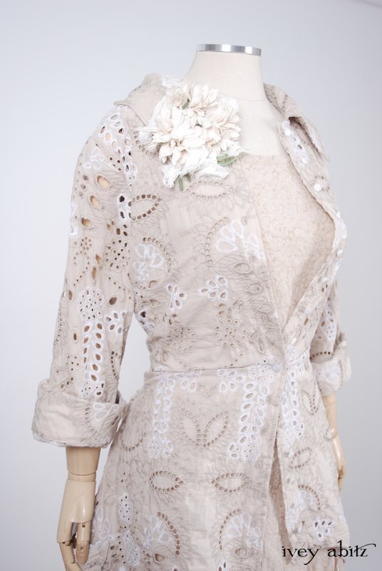 Midsummer Look 27 - Tilbrook Frock in Peach Tea Floral Voile; Limited Edition Chrysanthemum Brooch; Chittister Shirt Jacket in Tea Stained Embroidered Eyelet Voile by Ivey Abitz