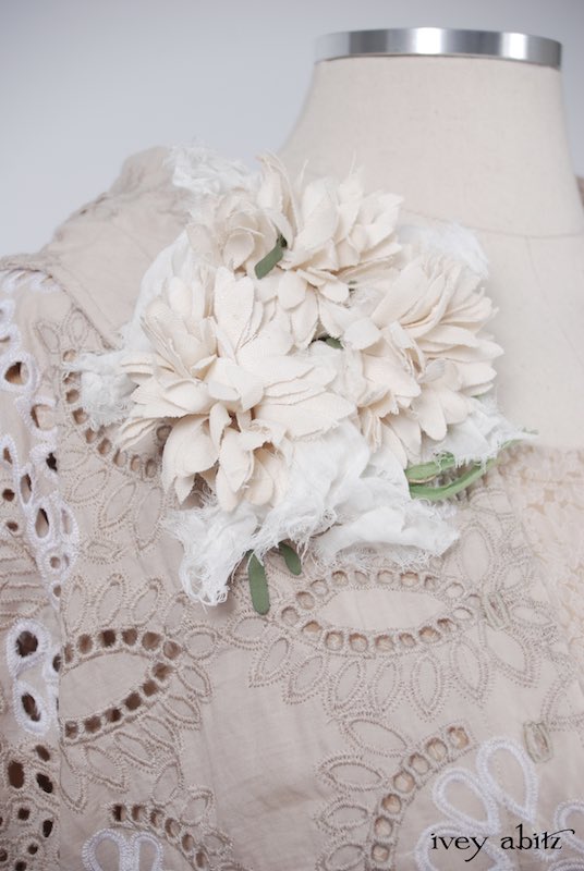Midsummer Look 27 - Tilbrook Frock in Peach Tea Floral Voile; Limited Edition Chrysanthemum Brooch; Chittister Shirt Jacket in Tea Stained Embroidered Eyelet Voile by Ivey Abitz