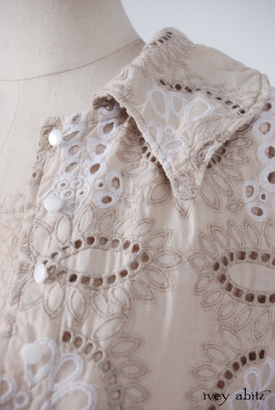 Midsummer Look 27 - Tilbrook Frock in Peach Tea Floral Voile; Limited Edition Chrysanthemum Brooch; Chittister Shirt Jacket in Tea Stained Embroidered Eyelet Voile by Ivey Abitz