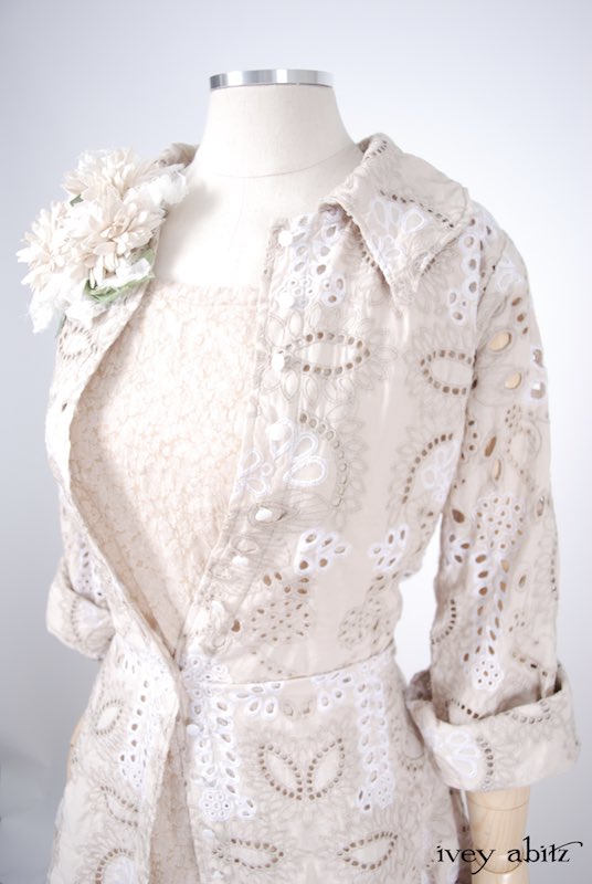 Midsummer Look 27 - Tilbrook Frock in Peach Tea Floral Voile; Limited Edition Chrysanthemum Brooch; Chittister Shirt Jacket in Tea Stained Embroidered Eyelet Voile by Ivey Abitz