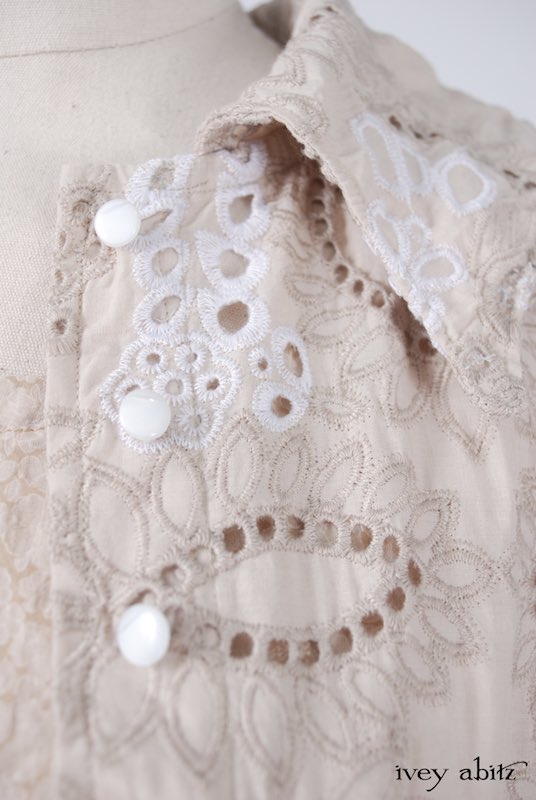 Midsummer Look 27 - Tilbrook Frock in Peach Tea Floral Voile; Limited Edition Chrysanthemum Brooch; Chittister Shirt Jacket in Tea Stained Embroidered Eyelet Voile by Ivey Abitz