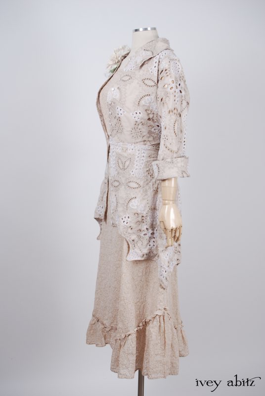 Midsummer Look 27 - Tilbrook Frock in Peach Tea Floral Voile; Limited Edition Chrysanthemum Brooch; Chittister Shirt Jacket in Tea Stained Embroidered Eyelet Voile by Ivey Abitz