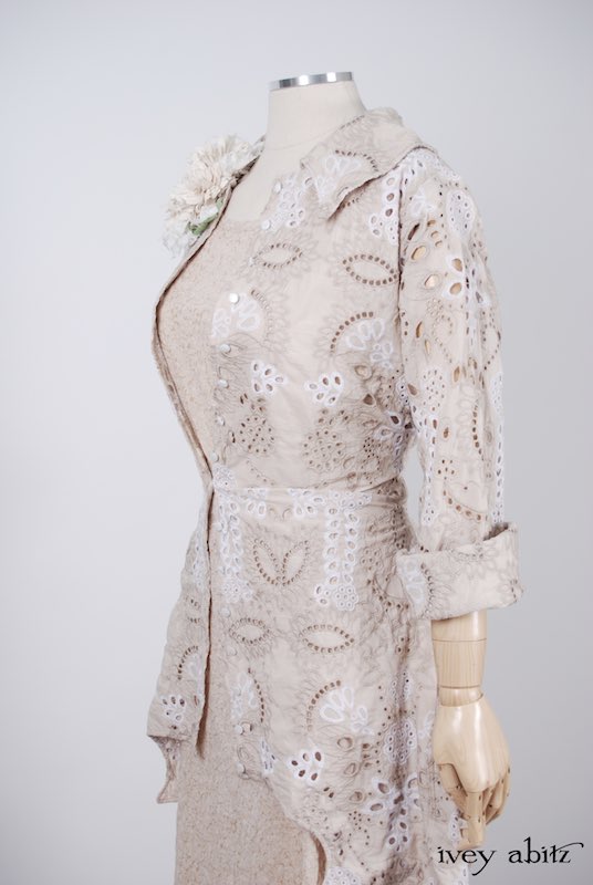 Midsummer Look 27 - Tilbrook Frock in Peach Tea Floral Voile; Limited Edition Chrysanthemum Brooch; Chittister Shirt Jacket in Tea Stained Embroidered Eyelet Voile by Ivey Abitz