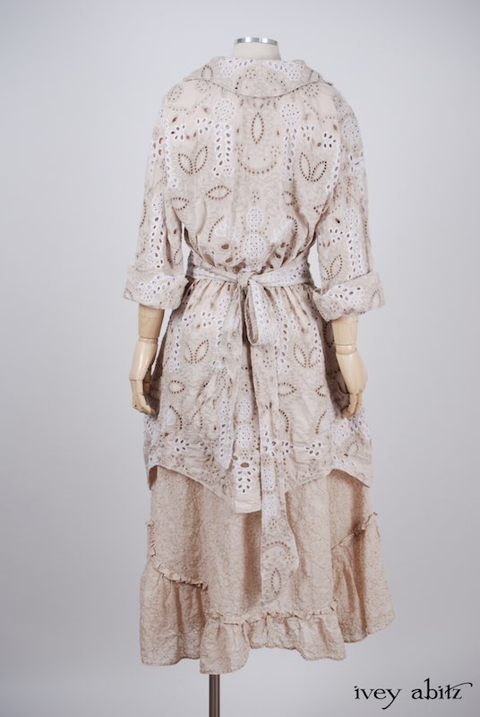 Midsummer Look 27 - Tilbrook Frock in Peach Tea Floral Voile; Limited Edition Chrysanthemum Brooch; Chittister Shirt Jacket in Tea Stained Embroidered Eyelet Voile by Ivey Abitz