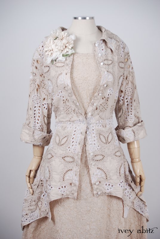 Midsummer Look 27 - Tilbrook Frock in Peach Tea Floral Voile; Limited Edition Chrysanthemum Brooch; Chittister Shirt Jacket in Tea Stained Embroidered Eyelet Voile by Ivey Abitz