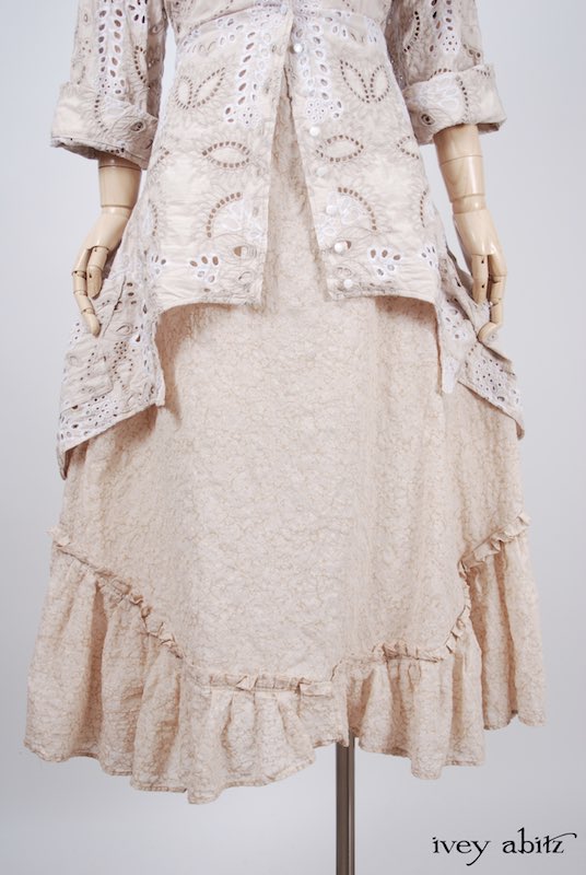 Midsummer Look 27 - Tilbrook Frock in Peach Tea Floral Voile; Limited Edition Chrysanthemum Brooch; Chittister Shirt Jacket in Tea Stained Embroidered Eyelet Voile by Ivey Abitz