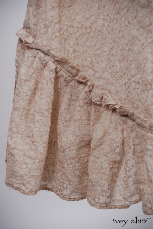 Midsummer Look 27 - Tilbrook Frock in Peach Tea Floral Voile; Limited Edition Chrysanthemum Brooch; Chittister Shirt Jacket in Tea Stained Embroidered Eyelet Voile by Ivey Abitz