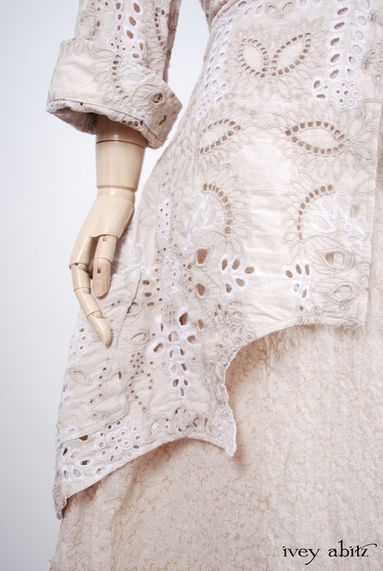 Midsummer Look 27 - Tilbrook Frock in Peach Tea Floral Voile; Limited Edition Chrysanthemum Brooch; Chittister Shirt Jacket in Tea Stained Embroidered Eyelet Voile by Ivey Abitz