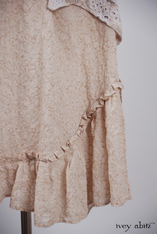 Midsummer Look 27 - Tilbrook Frock in Peach Tea Floral Voile; Limited Edition Chrysanthemum Brooch; Chittister Shirt Jacket in Tea Stained Embroidered Eyelet Voile by Ivey Abitz