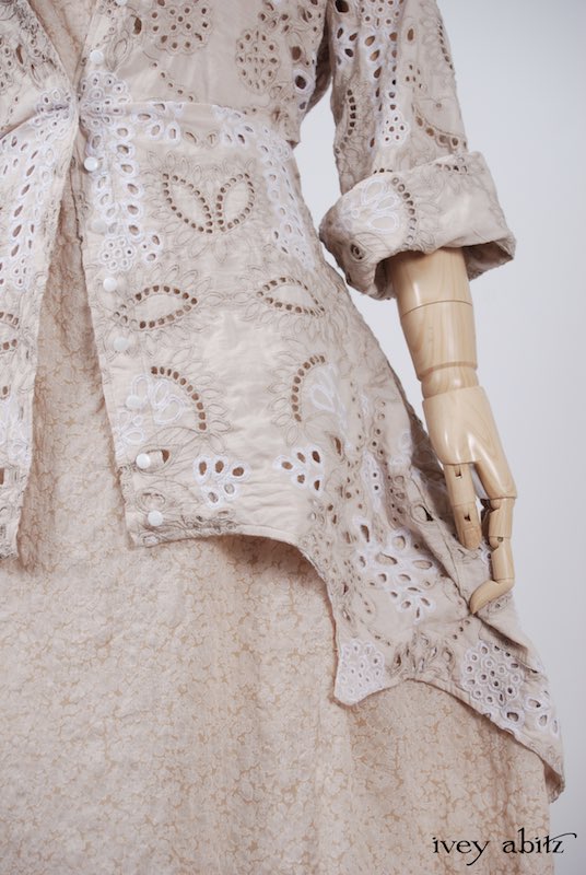 Midsummer Look 27 - Tilbrook Frock in Peach Tea Floral Voile; Limited Edition Chrysanthemum Brooch; Chittister Shirt Jacket in Tea Stained Embroidered Eyelet Voile by Ivey Abitz