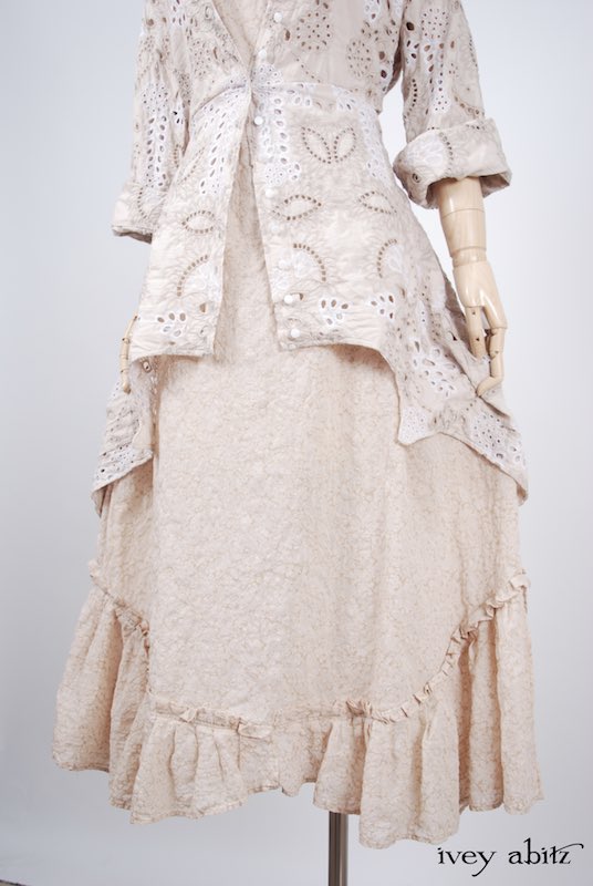 Midsummer Look 27 - Tilbrook Frock in Peach Tea Floral Voile; Limited Edition Chrysanthemum Brooch; Chittister Shirt Jacket in Tea Stained Embroidered Eyelet Voile by Ivey Abitz