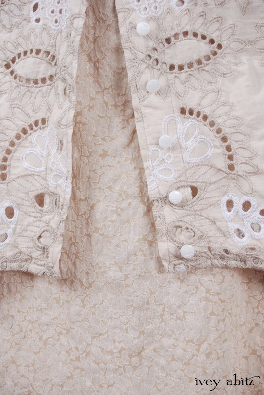 Midsummer Look 27 - Tilbrook Frock in Peach Tea Floral Voile; Limited Edition Chrysanthemum Brooch; Chittister Shirt Jacket in Tea Stained Embroidered Eyelet Voile by Ivey Abitz