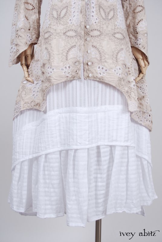 Midsummer Look 4 - Blanchefleur Frock in White Embroidered Striped Voile; Chittister Shirt Jacket in Tea Stained Embroidered Eyelet Voile by Ivey Abitz