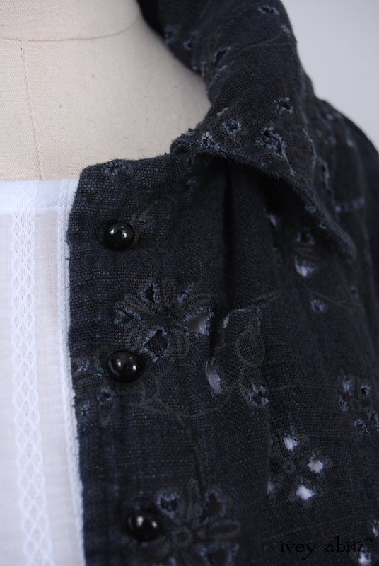 Midsummer Look 8 - Blanchefleur Frock in White Embroidered Striped Voile; Elsie Duster Coat in Black Rustic Eyelet Linen by Ivey Abitz